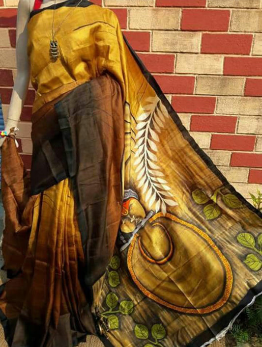 Yellow Hand Painted Pure Silk Mark Certified Bishnupuri Silk Sarees