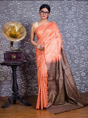 Orange  Block Printed  Zari Border Pure Silk Mark Certified Tussar Silk Sarees