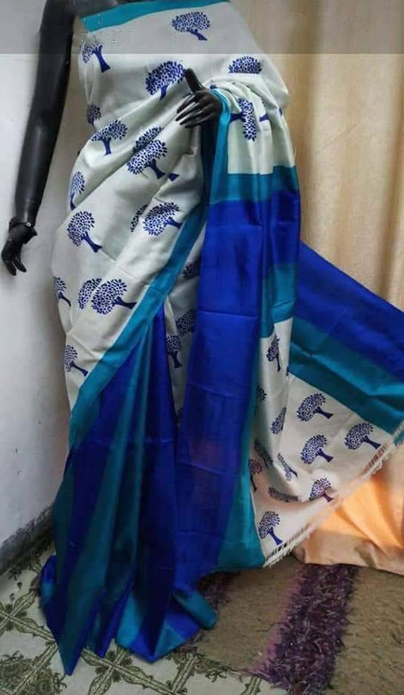 Blue Block Printed Pure Silk Mark Certified Bishnupuri Silk Sarees