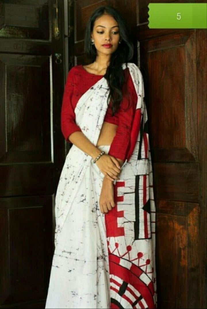 White Red Mulmul Batik Sarees