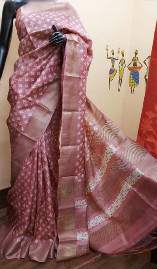 Pink Block Printed Zari Border Pure Silk Mark Certified Tussar Silk Sarees