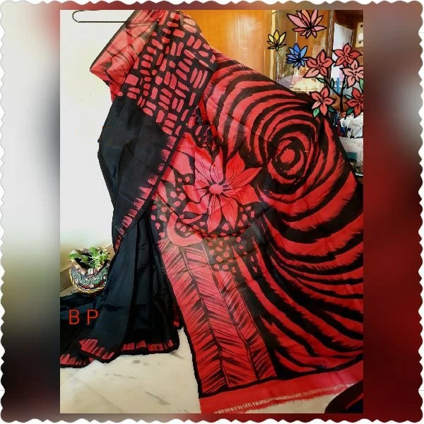 Black Red Hand Painted Pure Silk Mark Certified Bishnupuri Silk Sarees