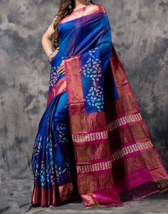 Blue Rani Block Printed Zari Border Pure Silk Mark Certified Tussar Silk Sarees