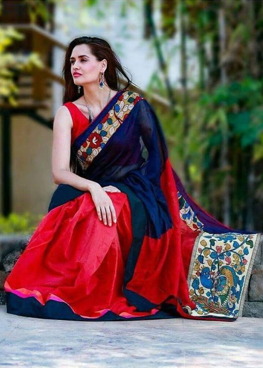 Red Blue Pure Cotton Silk Sarees