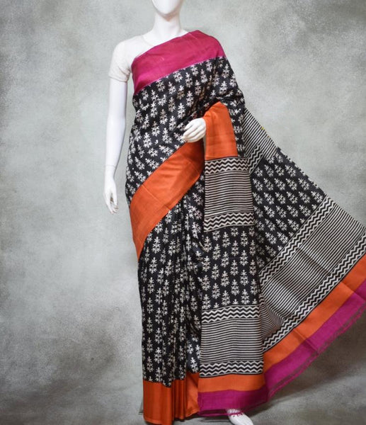 Black And MultiColour Block Printed Pure Silk Mark Certified Bishnupuri Silk Sarees