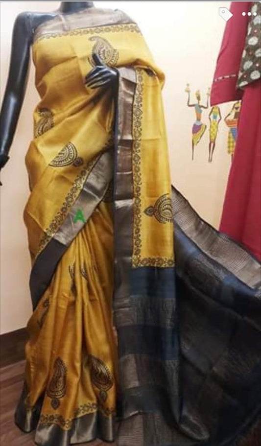 Yellow & Navy Blue Block Printed Zari Border Pure Silk Mark Certified Tussar Silk Sarees