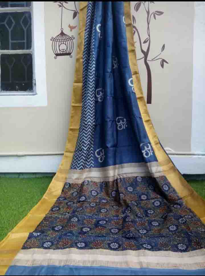 Blue Block Printed Zari Border Pure Silk Mark Certified Tussar Silk Sarees - Dailybuyys