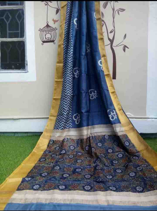 Blue Block Printed Zari Border Pure Silk Mark Certified Tussar Silk Sarees - Dailybuyys