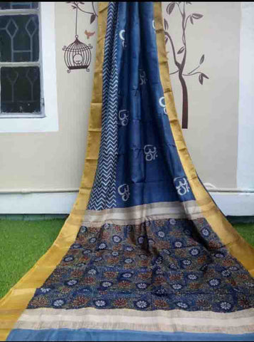 Blue Block Printed Zari Border Pure Silk Mark Certified Tussar Silk Sarees