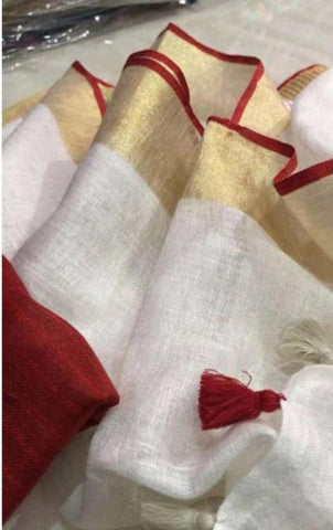 Beige & Red Pure Linen Sarees