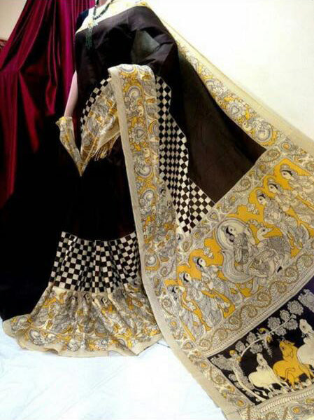 Black Golden Pure Pure Silk Mark Certified Tussar Silk Madhubani Sarees