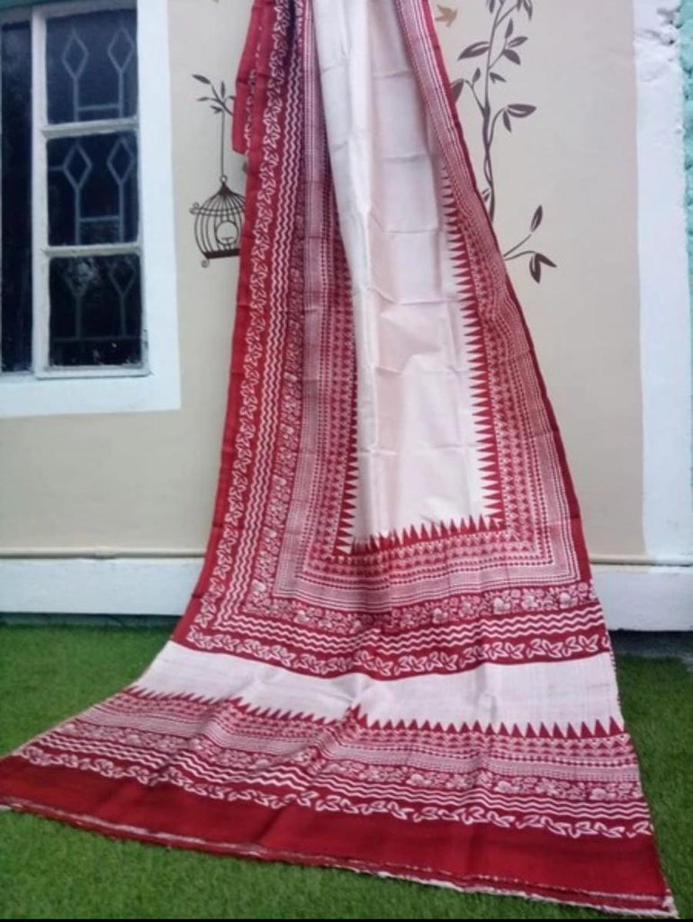 White Red Glamour Pure Silk Mark Certified Bishnupuri Silk Sarees
