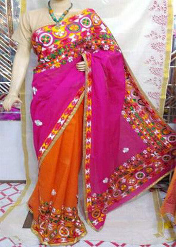 Pink Orange Bangladeshi Pure Cotton Kathiawari Sarees