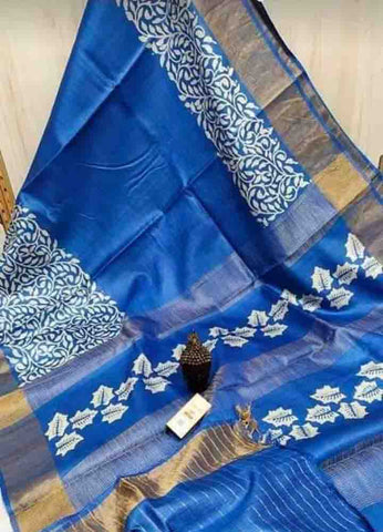 Blue Block Printed Zari Border Pure Silk Mark Certified Tussar Silk Sarees