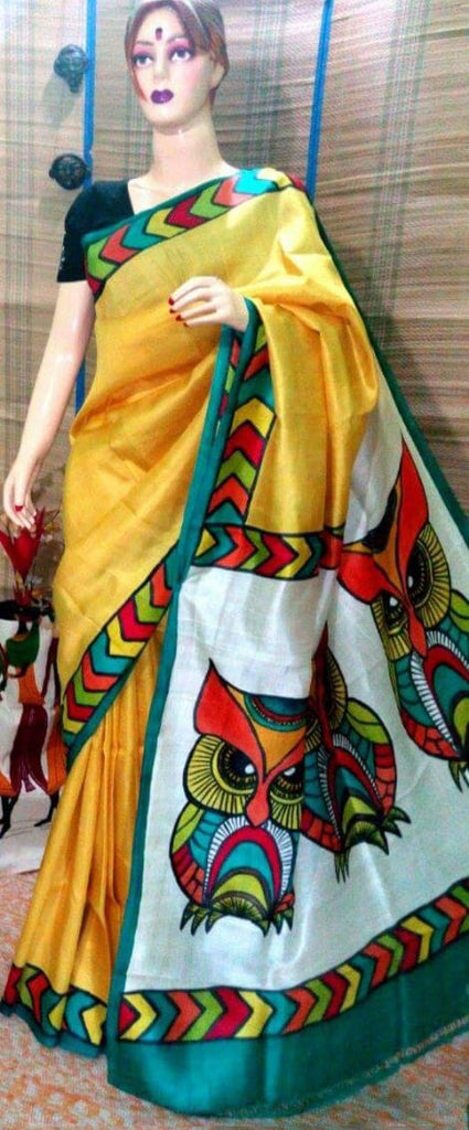 Yellow Pure KK Hand Painted Silk Mark Certified Bishnupuri Silk Sarees