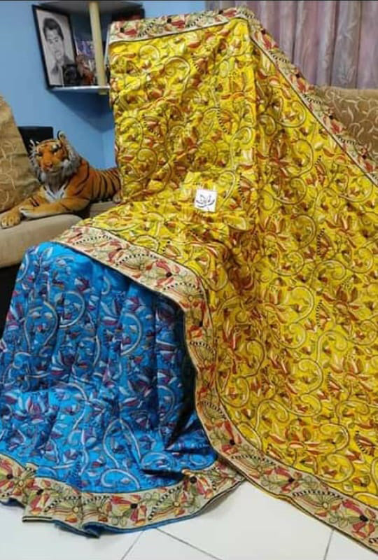 Yellow Blue Kantha Stitch Design Dupion Silk Sarees