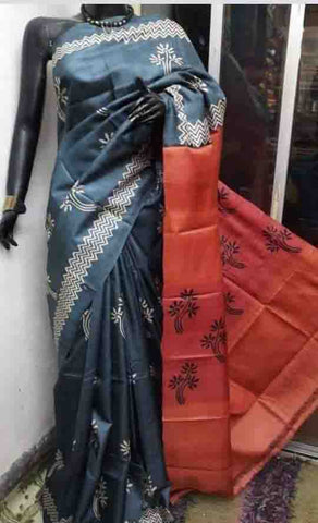 Grey Orange Block Printed Zari Border Pure Silk Mark Certified Tussar Silk Sarees