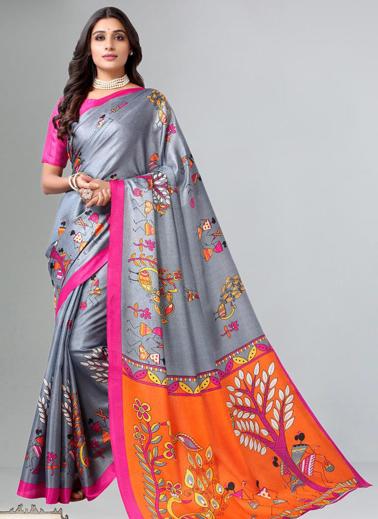 Ash Color Printed Party Wear Designer Sarees Get Extra 10% Discount on All Prepaid Transaction