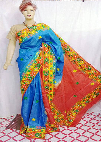 Blue Orange Korean Pure Silk Mark Certified Tussar Kathiawari Sarees