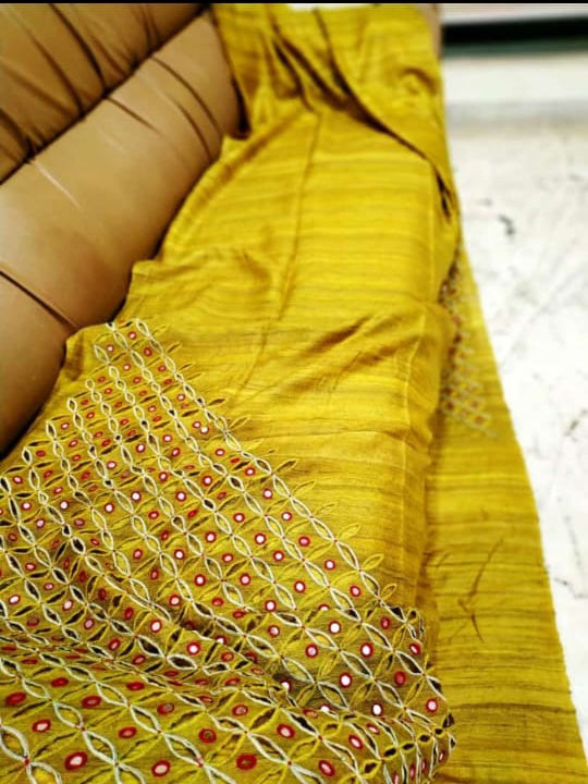 Yellow Cut Work Pure Silk Mark Certified Tussar Ghicha Silk Sarees