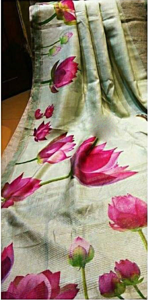 Sage Green Hand Painted Zari Border Pure Silk Mark Certified Tussar Silk Sarees