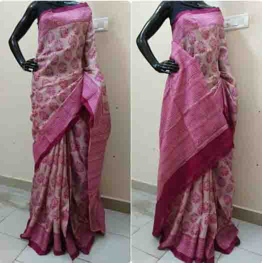 Pink Block Printed Pure Silk Mark Certified Bishnupuri Silk Sarees