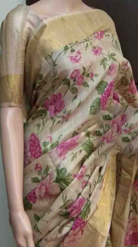 Beige Hand Painted Zari Border Pure Silk Mark Certified Tussar Silk Sarees