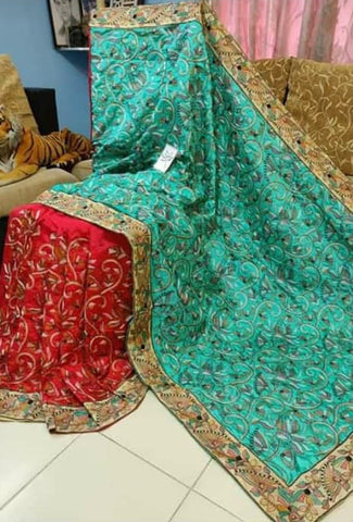 Green Red Kantha Stitch Design Dupion Silk Sarees Get Extra 10% Discount on All Prepaid Transaction