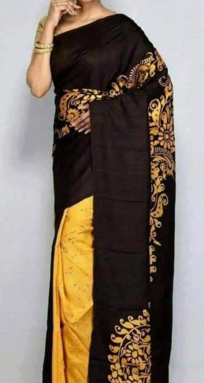 Black Golden Yellow  Wax Hand Painted Pure Silk Mark Certified Bishnupuri Silk Sarees - Dailybuyys