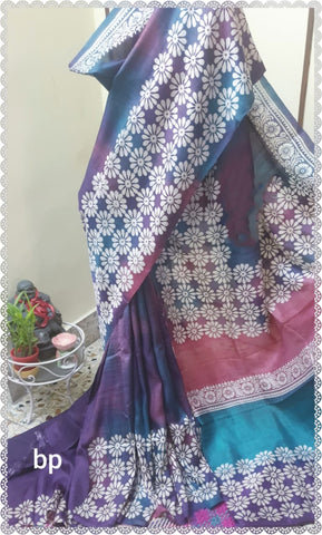 Pink and Blue Dual Tone Discharge Block Printed Pure Silk Mark Certified Bishnupuri Silk Sarees