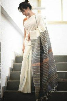 White Grey Pure Cotton Khesh Sarees