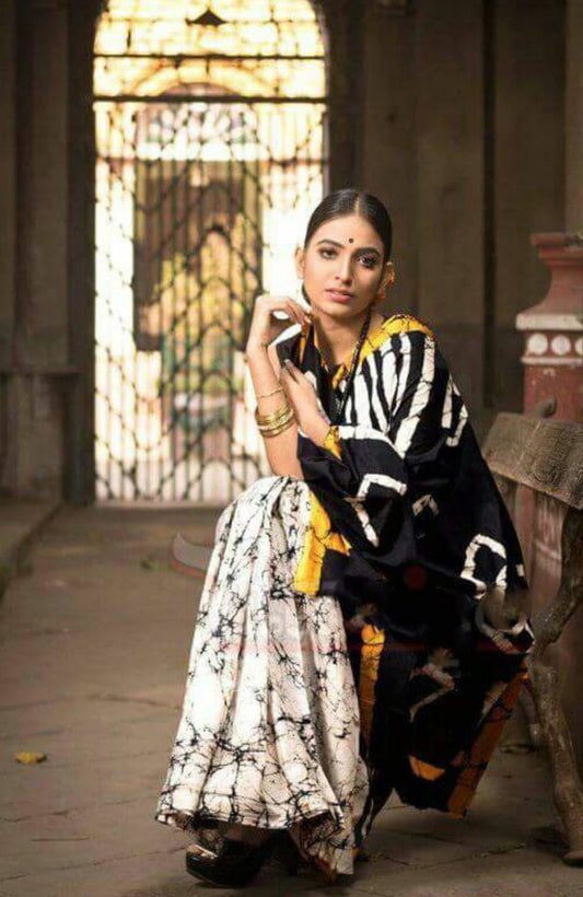 Black-Beige with yellow border Mulmul Batik Sarees