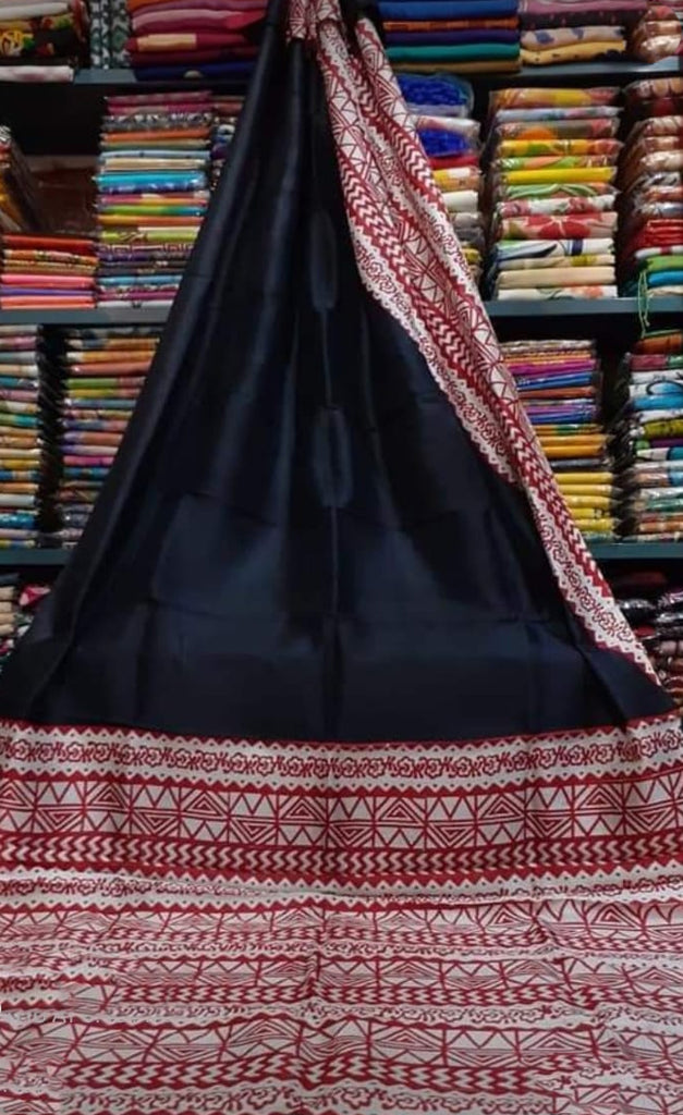 Black Red Block Printed Pure Silk Mark Certified Murshidabad Silk Sarees