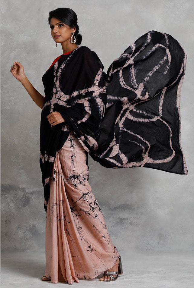 Peach and Black Pure Mulmul Batik Sarees