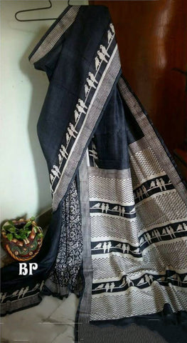 Black Block Printed Pure KK Silk Mark Certified Bishnupuri Silk Sarees