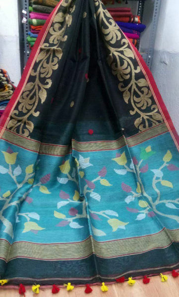 Black Blue Silk Pure Linen Sarees