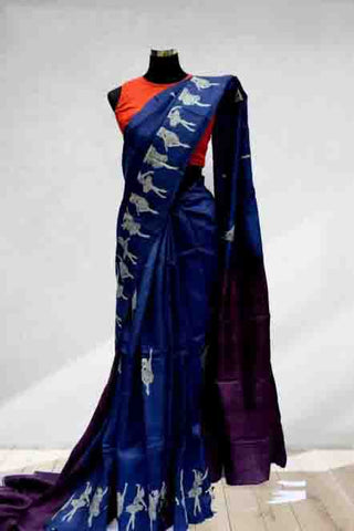 Blue Block Printed Pure Silk Mark Certified Bishnupuri Silk Sarees