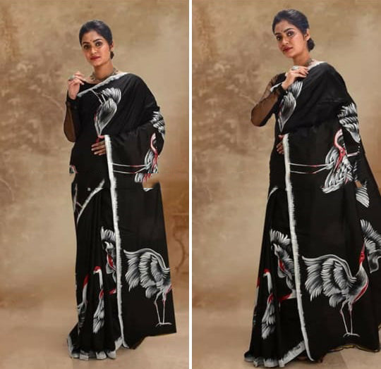 Natural Black Dye With White Bird Motifs Hand Painted Pure Silk Mark Certified Bishnupuri Silk Sarees