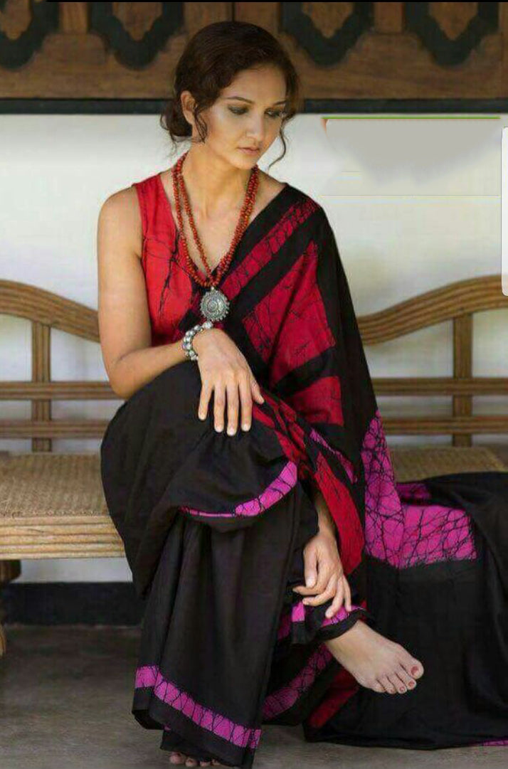 Red Black Mulmul Batik Sarees