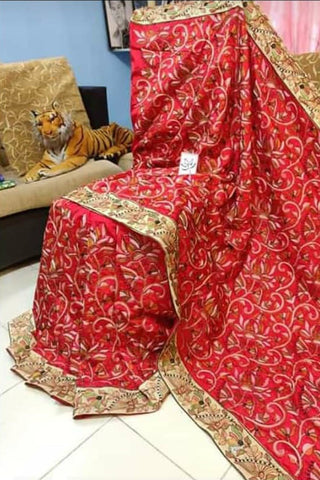 Red Kantha Stitch Design Dupion Silk Sarees Get Extra 10% Discount on All Prepaid Transaction