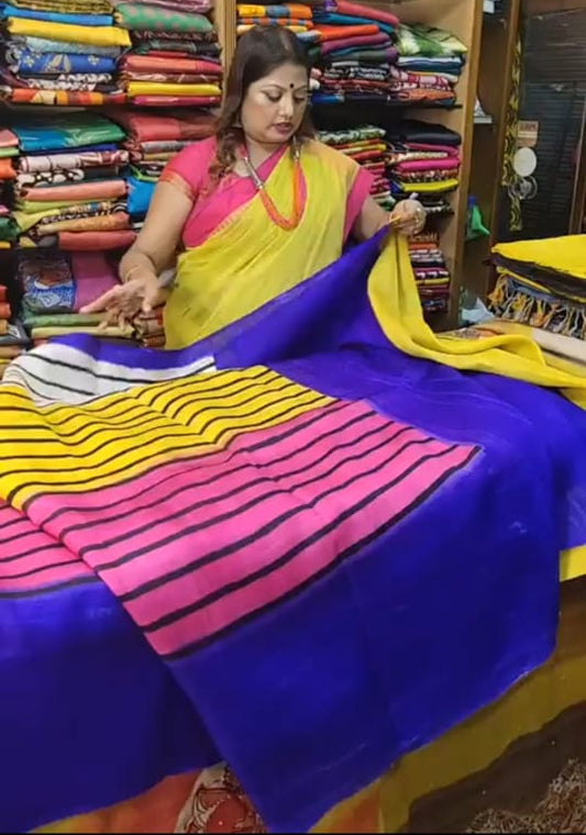 Yellow Block Printed Pure Silk Mark Certified Bishnupuri Katan Silk Sarees