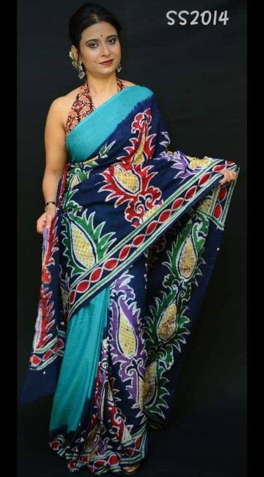 Blue Hand Painted Pure Silk Mark Certified Bishnupuri Silk Sarees