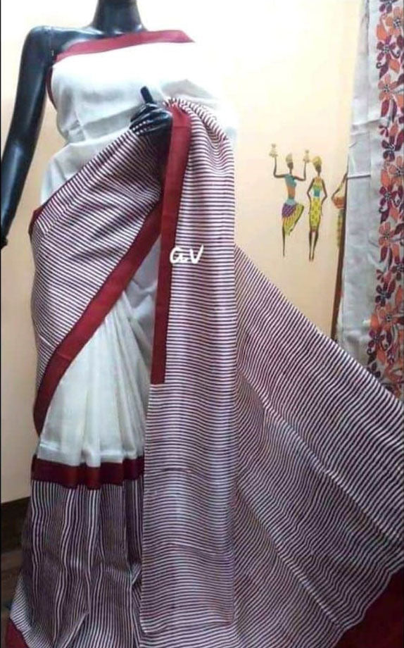 Maroon Striped  Block Printed Pure Silk Mark Certified Bishnupuri Silk Sarees