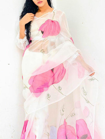 White Pure Digital Print Organza Sarees