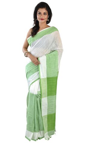 Green White Bengal Handloom Khadi Sarees