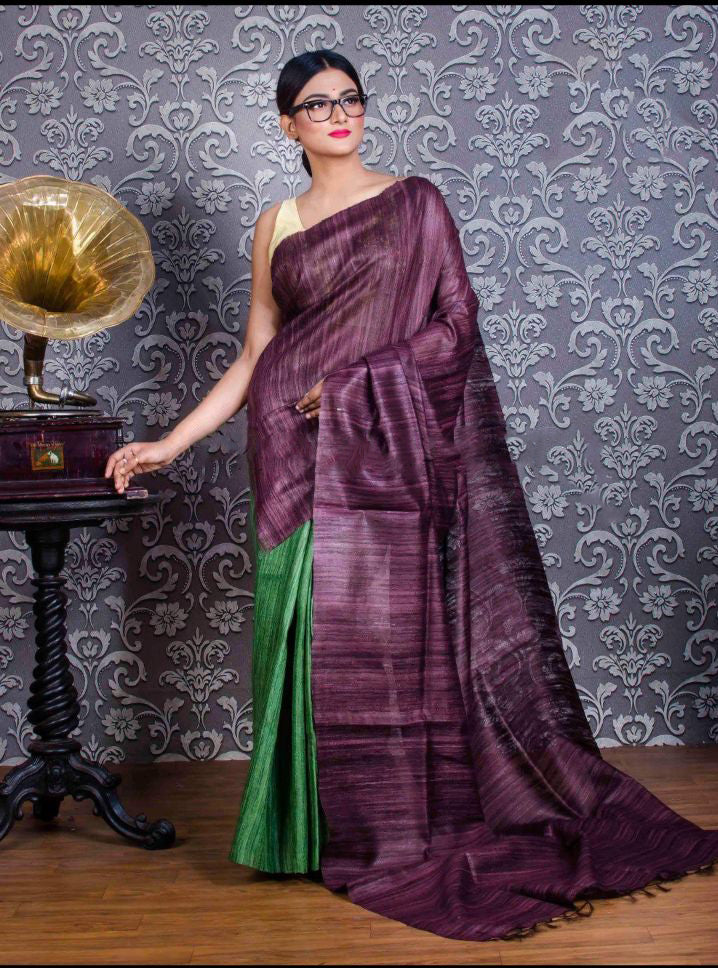 Purple  Block Printed Pure Silk Mark Certified Tussar Silk Sarees