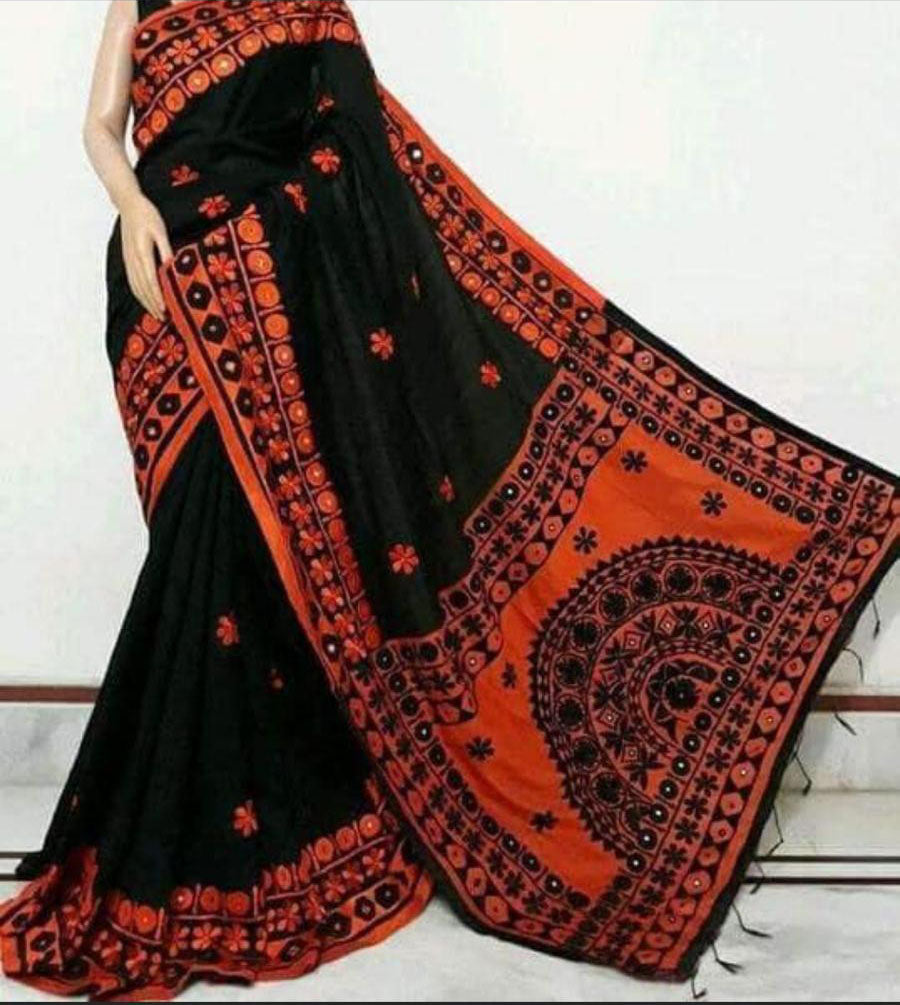 Black Bangladeshi Pure Cotton Kathiawari Sarees