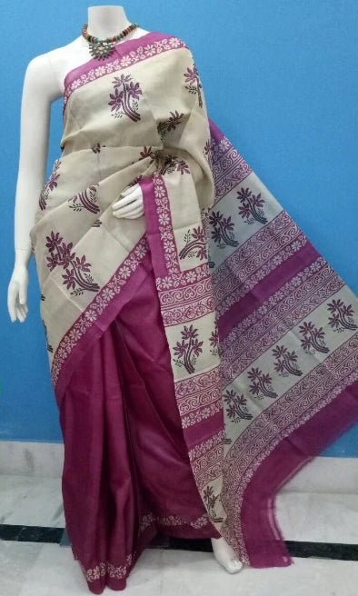 White And Magenta Block Printed Pure Silk Mark Certified Murshidabad Silk Sarees