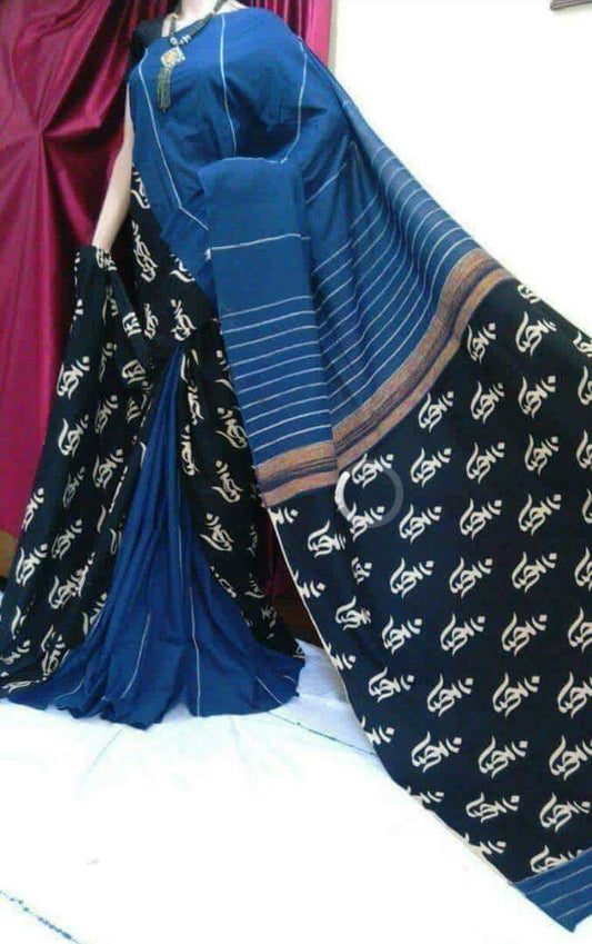 Blue Black Pure Cotton Khesh Sarees