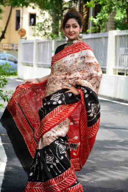 Beige Red Hand Painted Wax Batik Pure Silk Mark Certified Murshidabad Silk Sarees